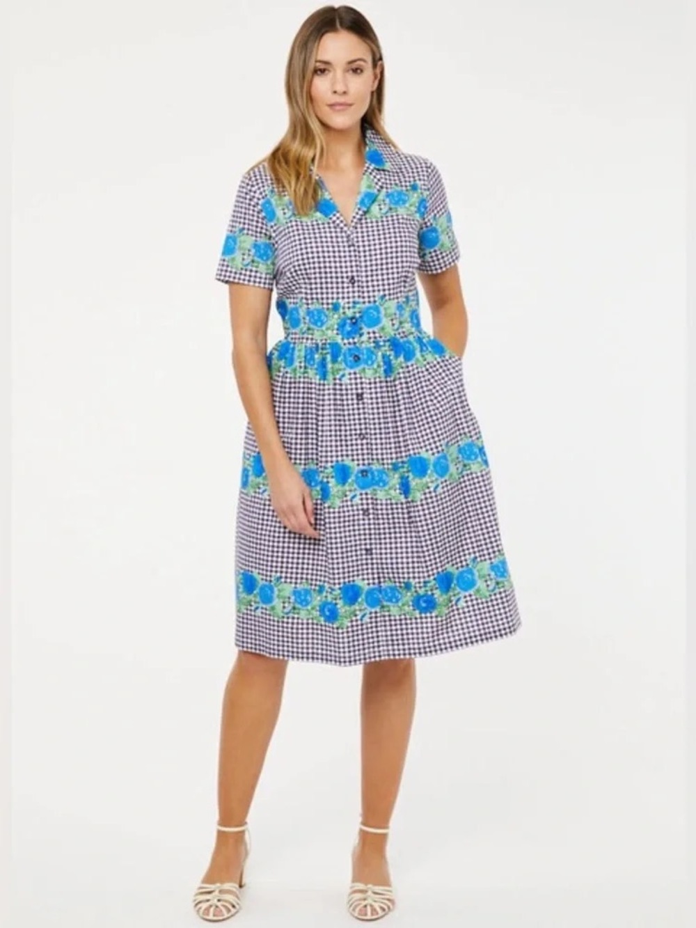 Horrockses Fashions X Joanie Montana Gingham Floral Print Shirt Dress Size 8 US